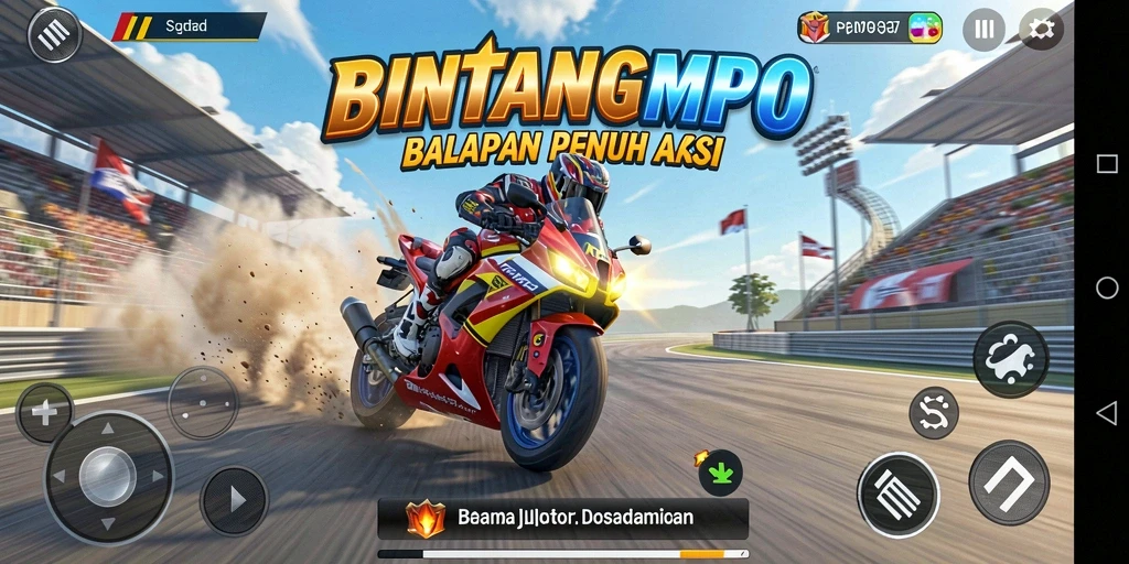 Screenshot BINTANGMPO menampilkan aksi seru balapan motor.