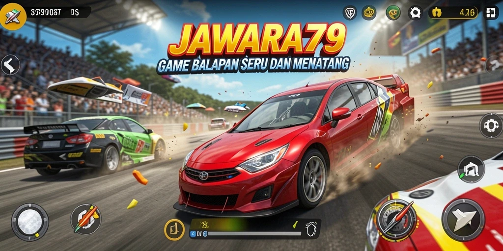 Screenshot gameplay JAWARA79 menampilkan balapan yang mendebarkan.