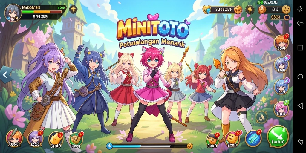 Tampilan gameplay MINITOTO dengan karakter anime yang berinteraksi.